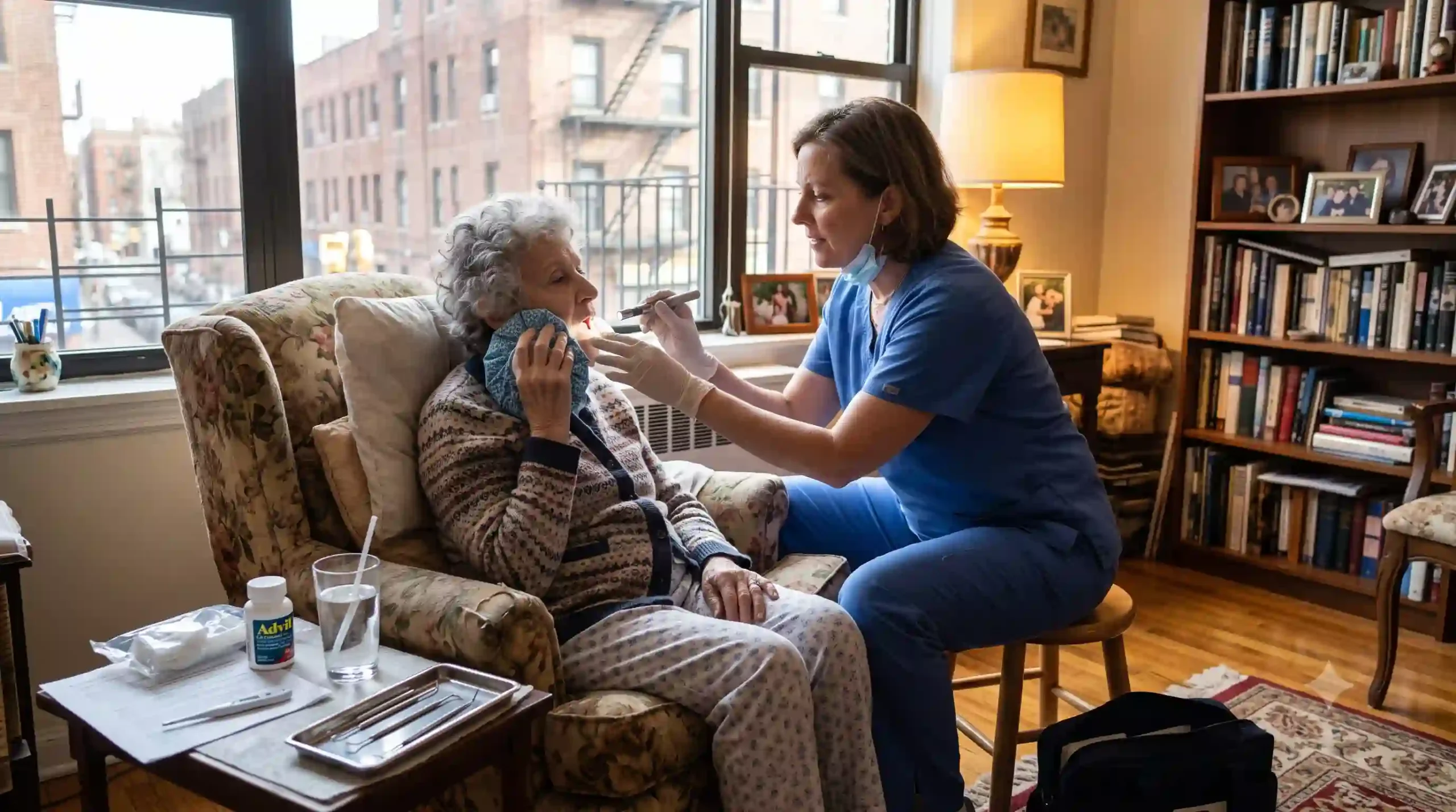 nurse taking care of an elderly woman after root canal surgery