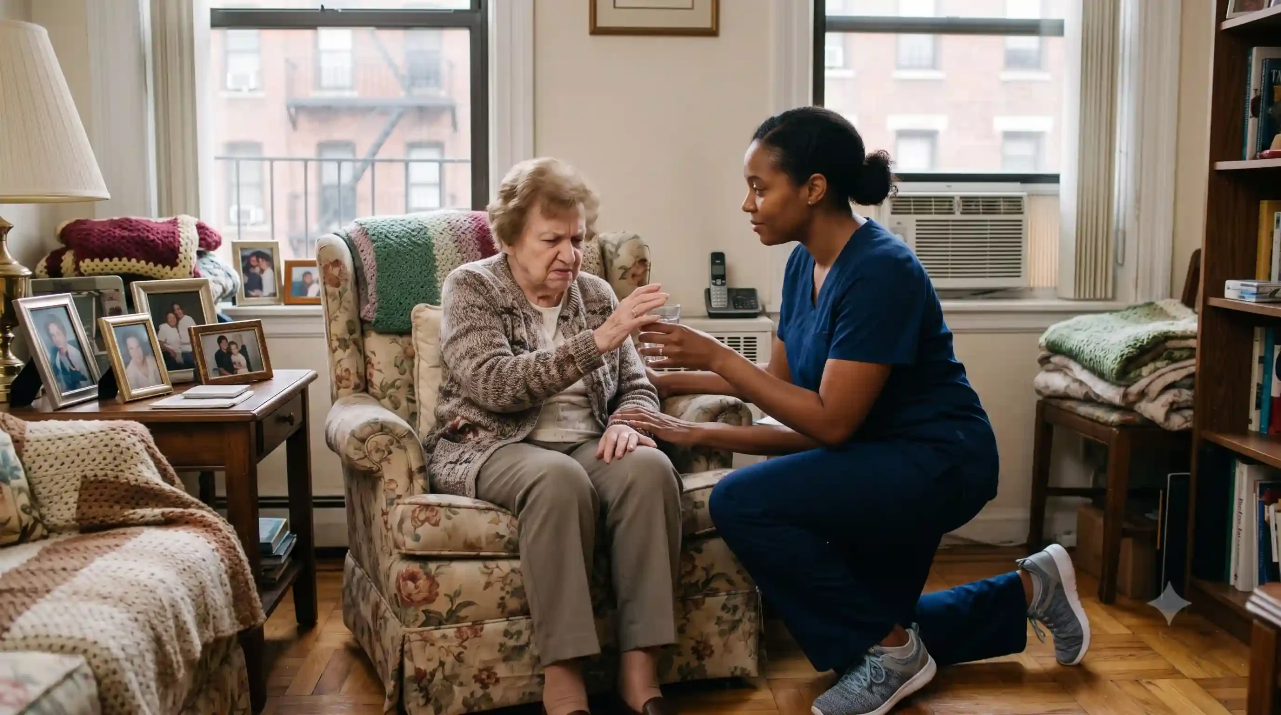 nurse taking care of an old lady after a dementia aggressive episode in NYC