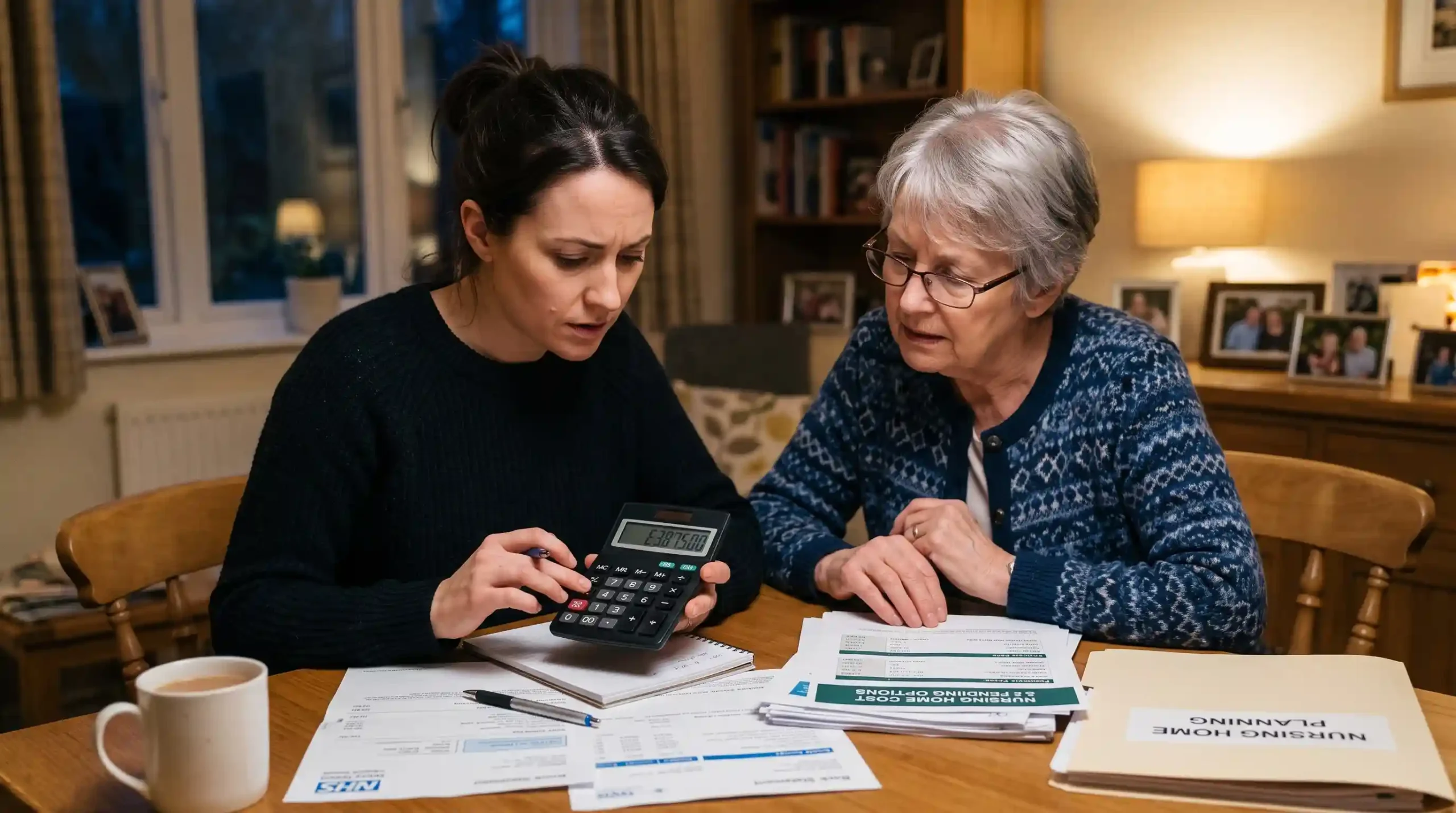 daughter with mother calculating nursing home costs