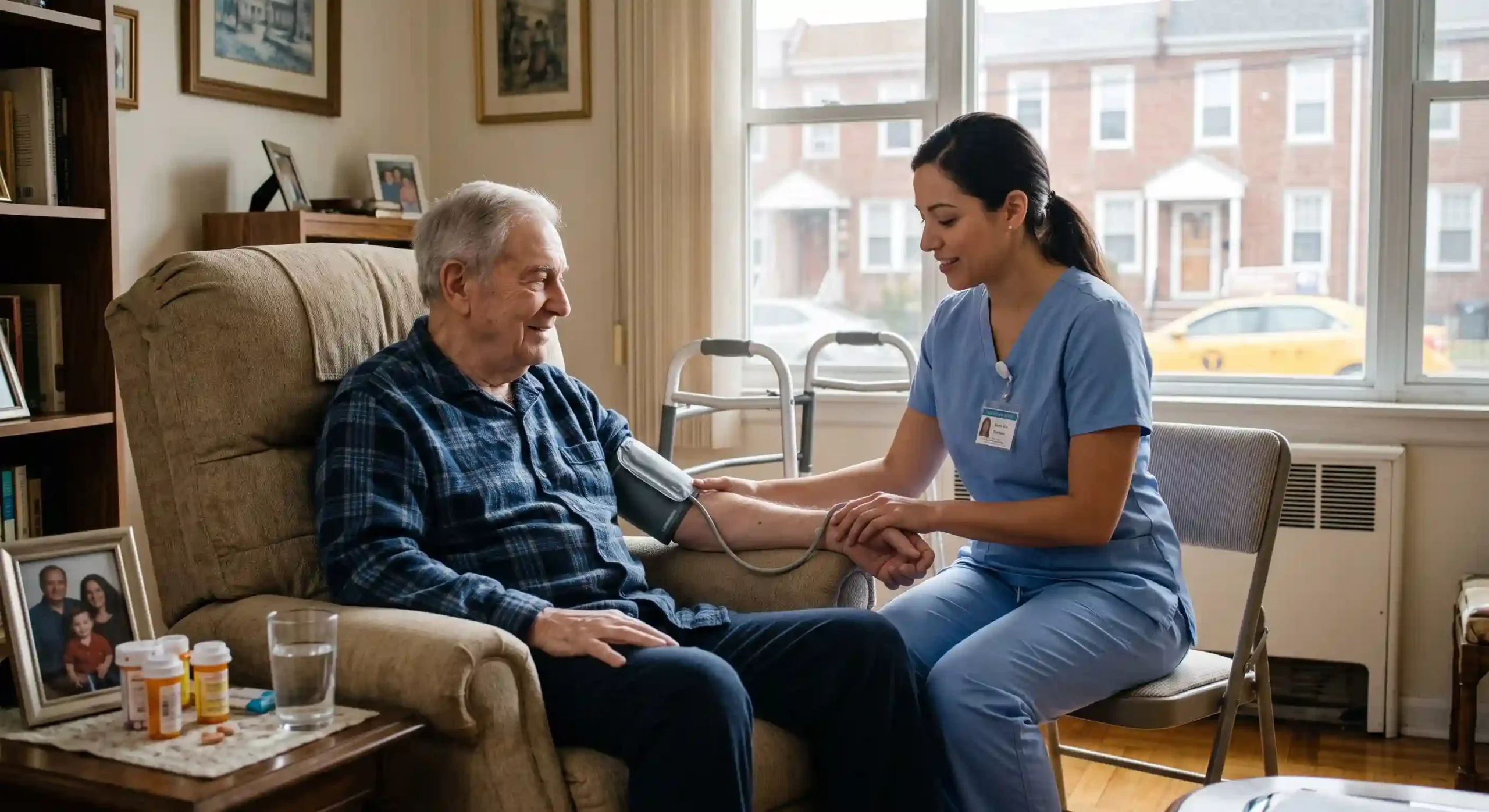 nurse taking care of an elderly man in his house after a heart disease
