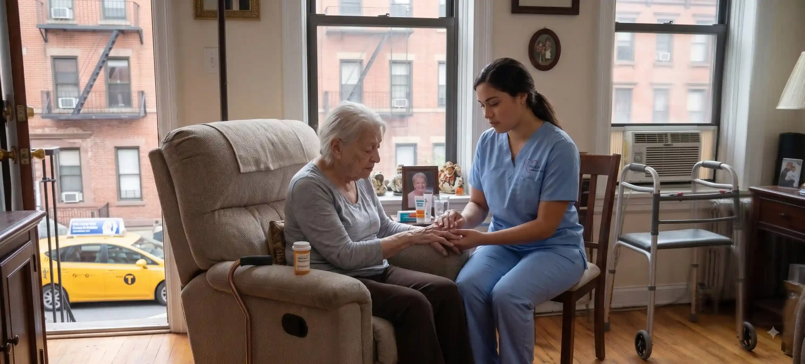 nurse taking care of an elderly woman in NYC