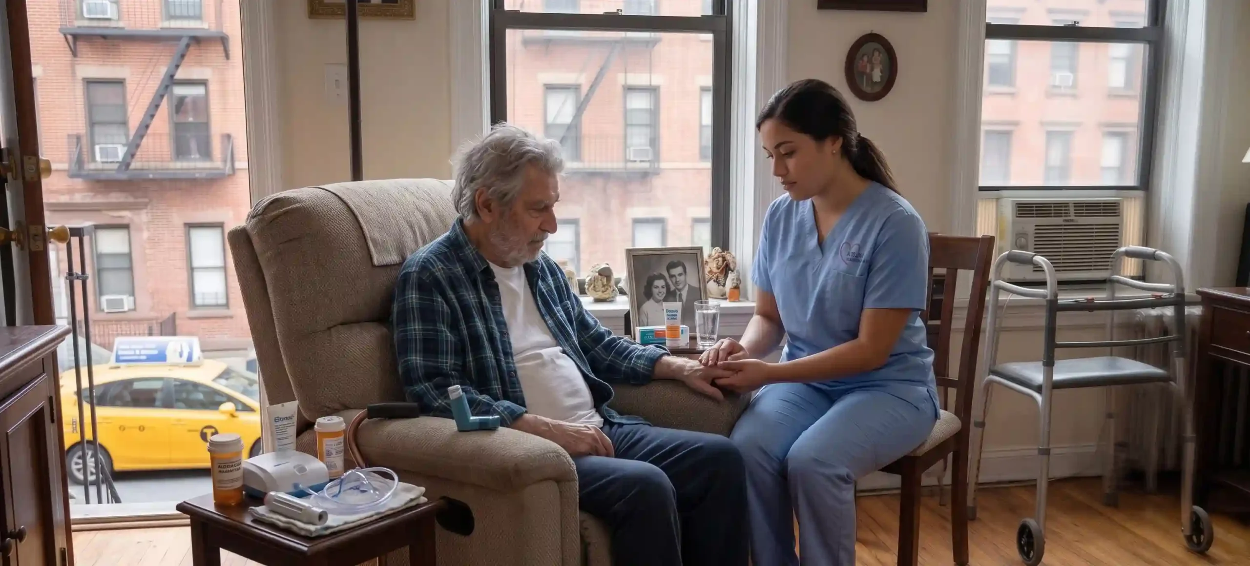nurse taking care of an elderly woman with asthma