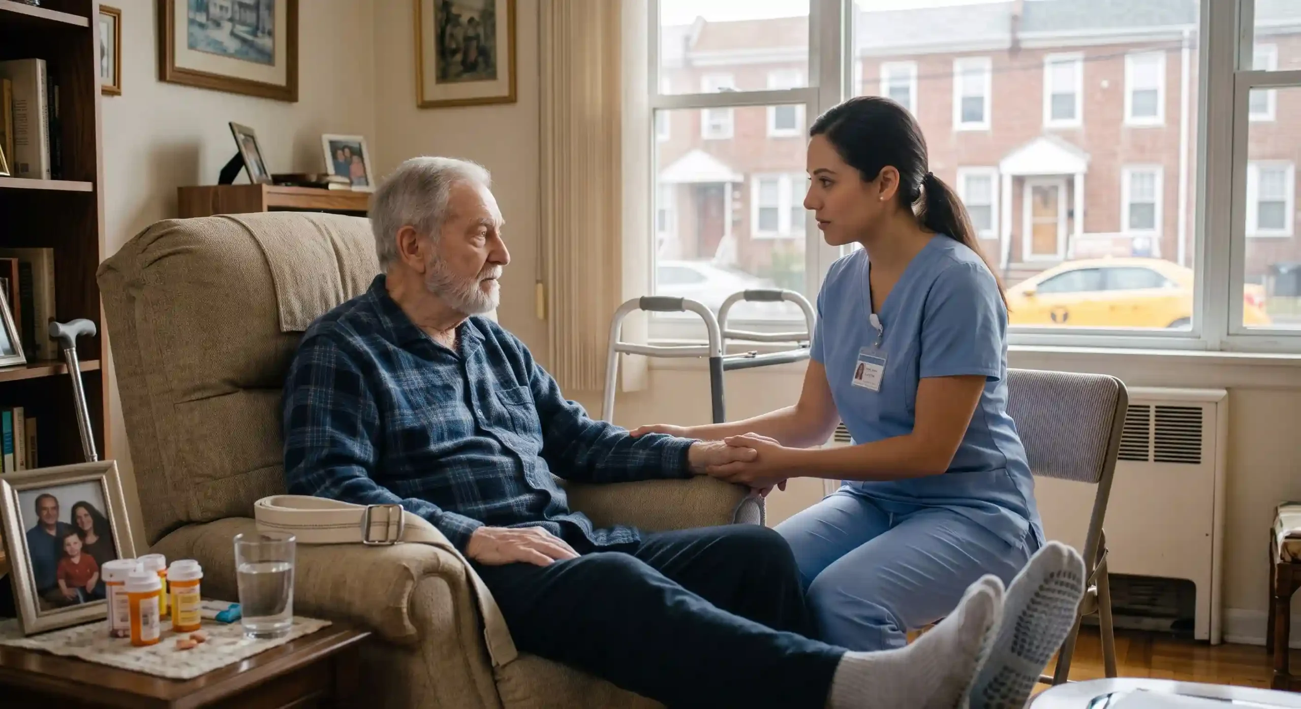 home care nurse taking care of a man after a fall in NYC
