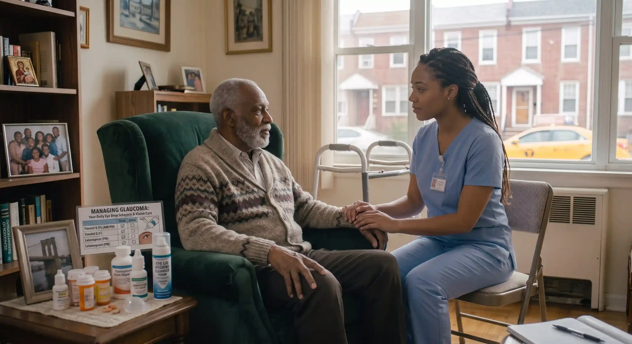 nurse taking care of a senior man with glaucoma