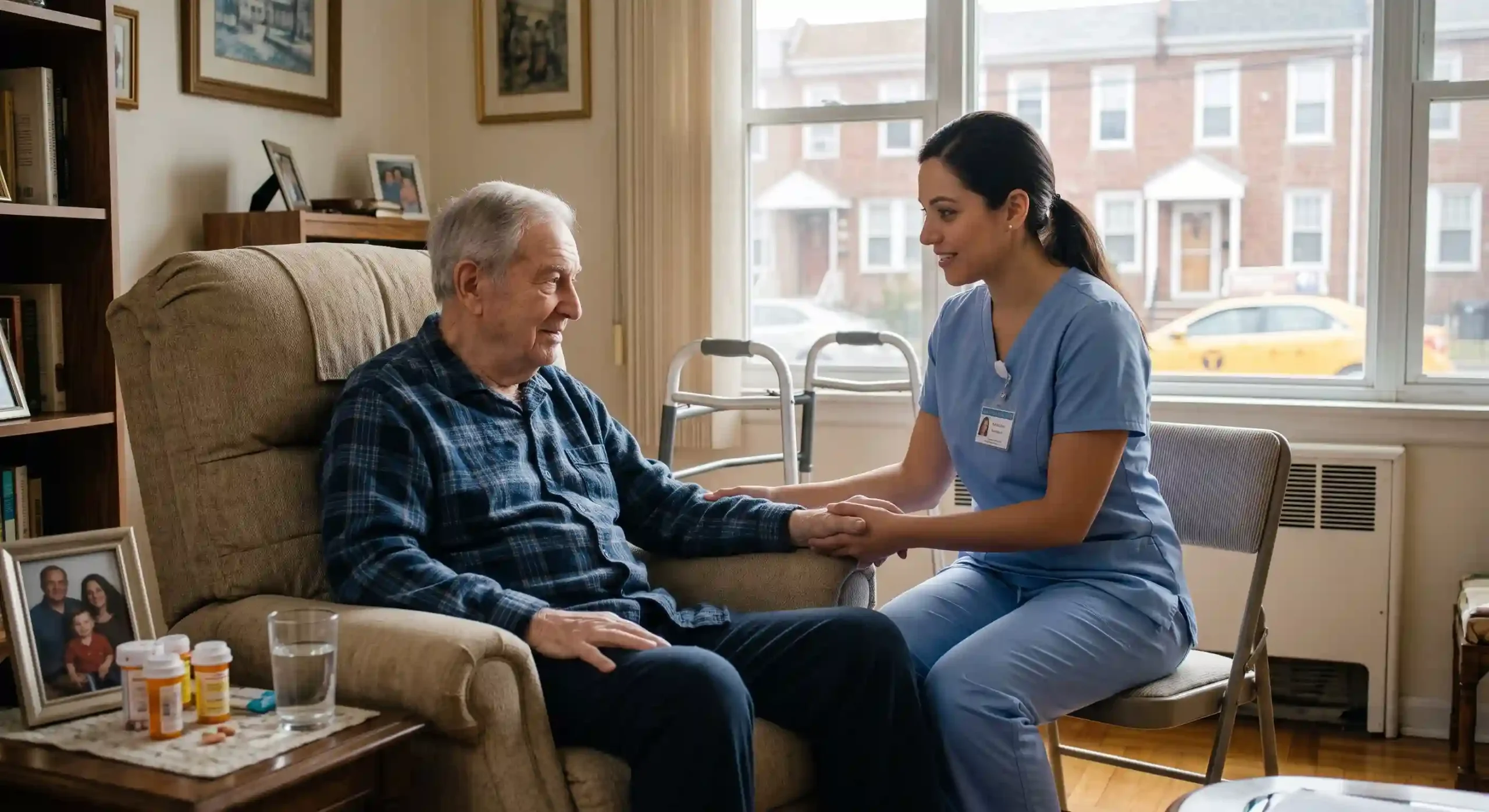 nurse taking care of an elderly senior with limited mobility