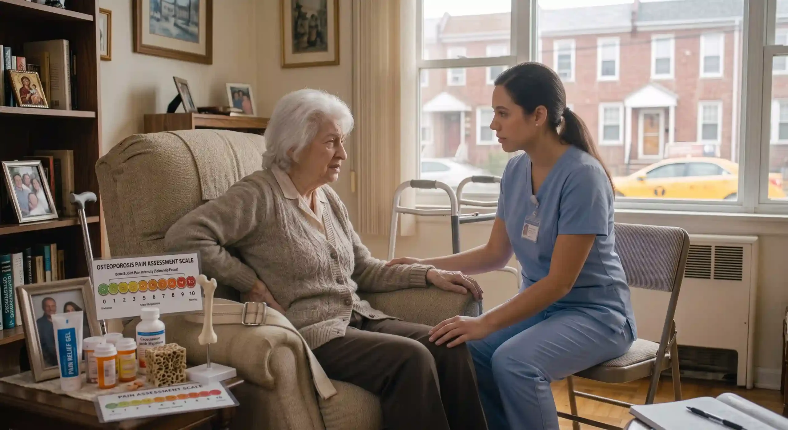 nurse taking care of an elderly woman suffering from osteoporosis
