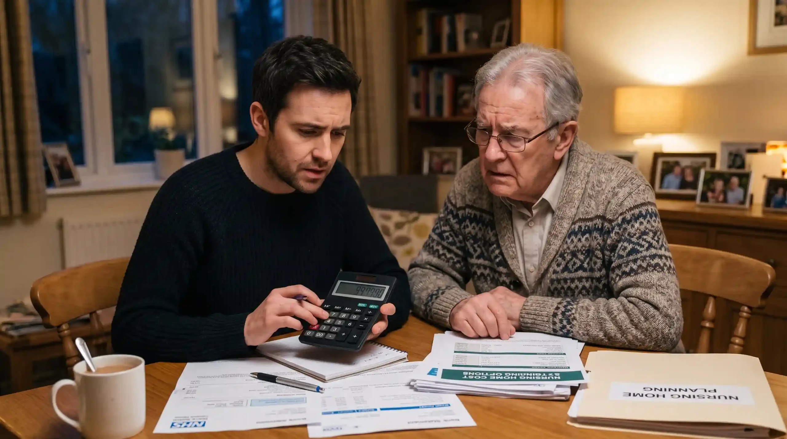 son with his elderly father calculating costs of home care