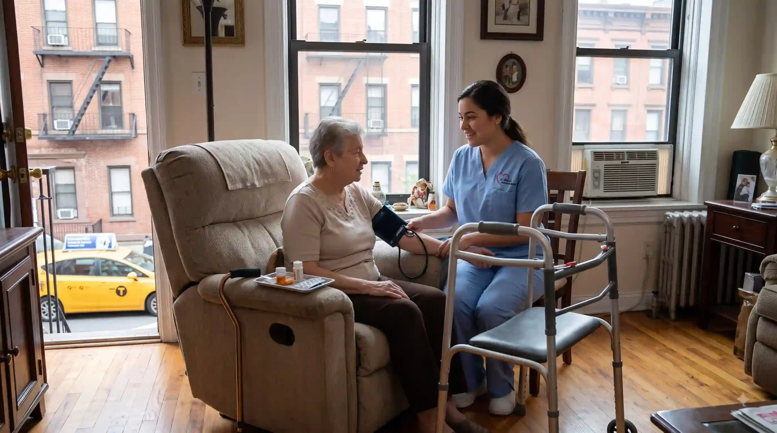 nurse taking care of an elderly woman after a hip replacement providing home care