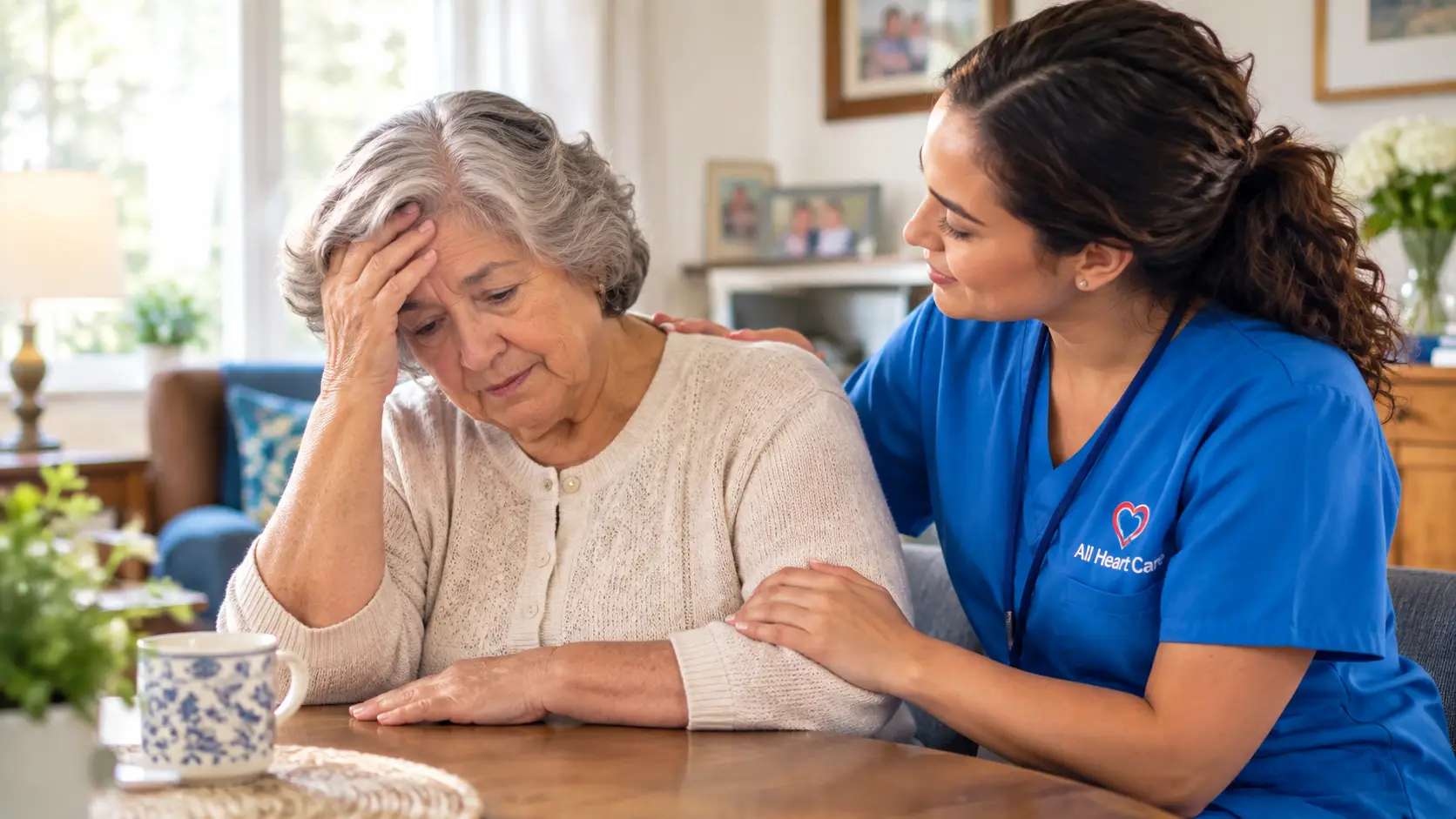 senior lady with depression with a nurse taking care of her