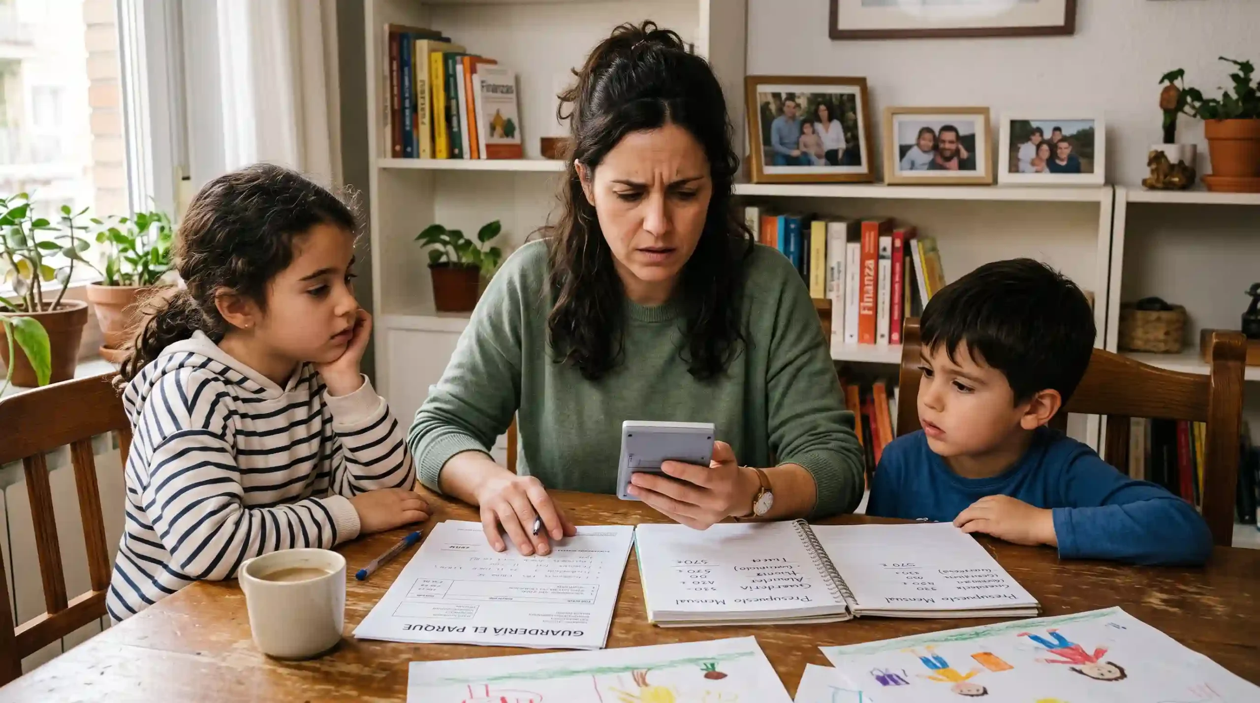 mother with her two kids planning how to pay for child care