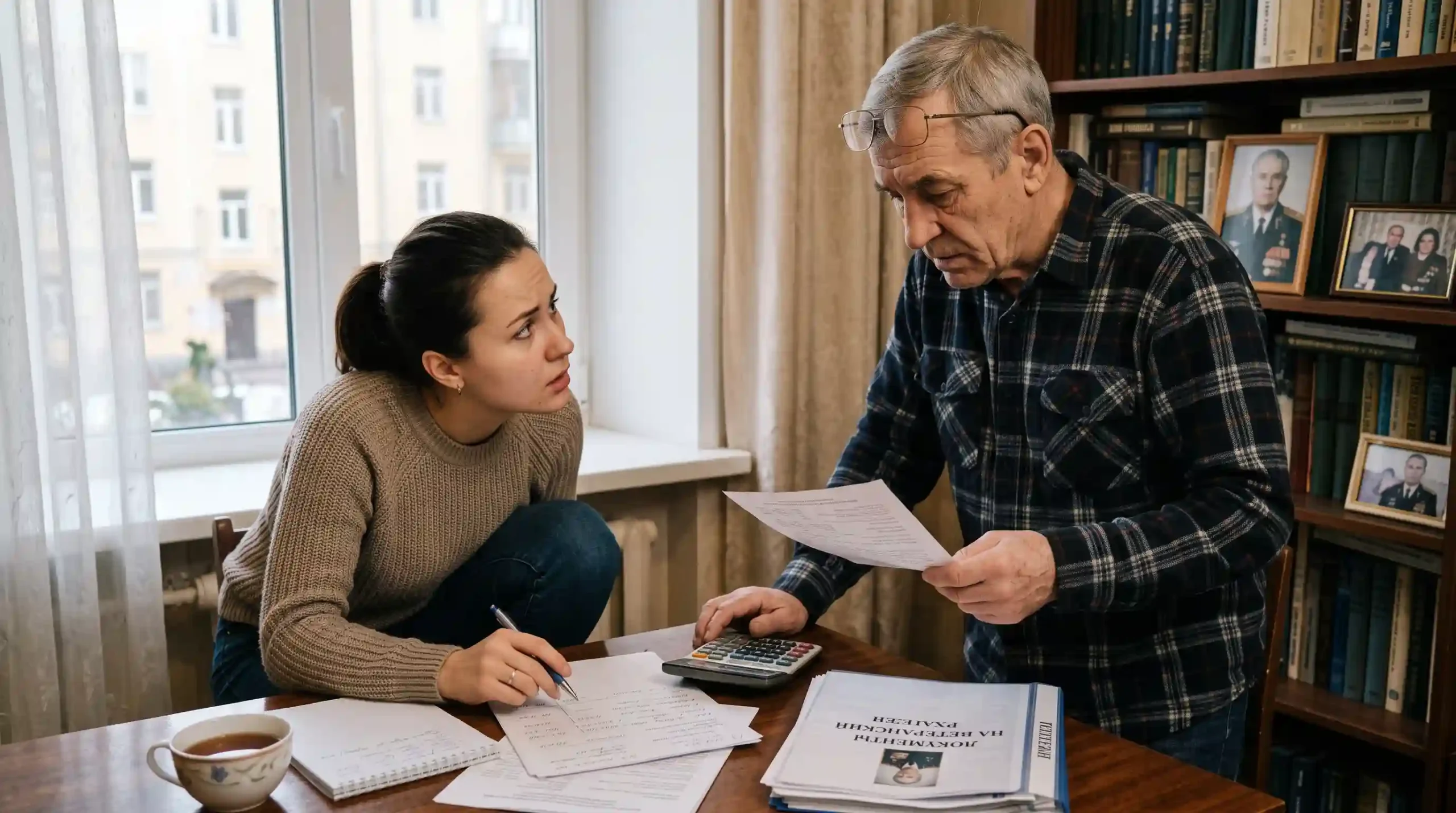 daughter with dad calculating how to pay veteran home care