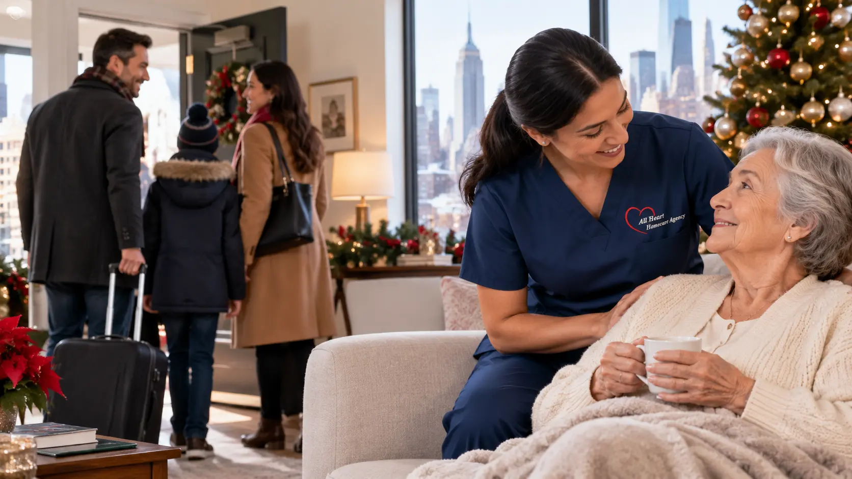 nurs taking care of an old lady during holiday season