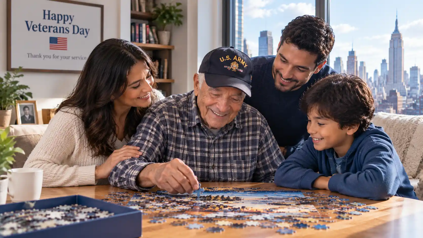 family celebrating veterans day with old man