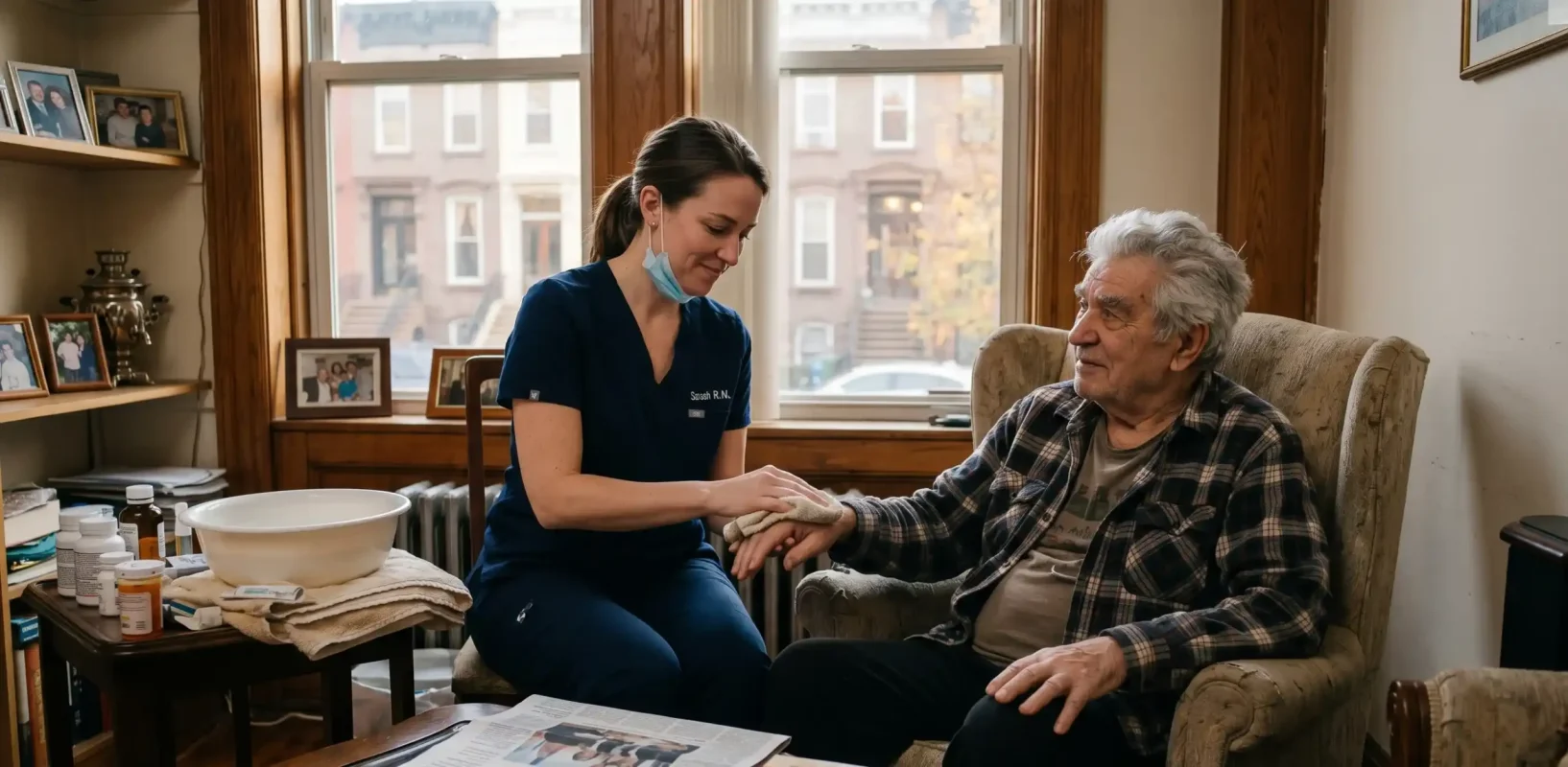 nurse taking care of an elderly man with personal hygiene