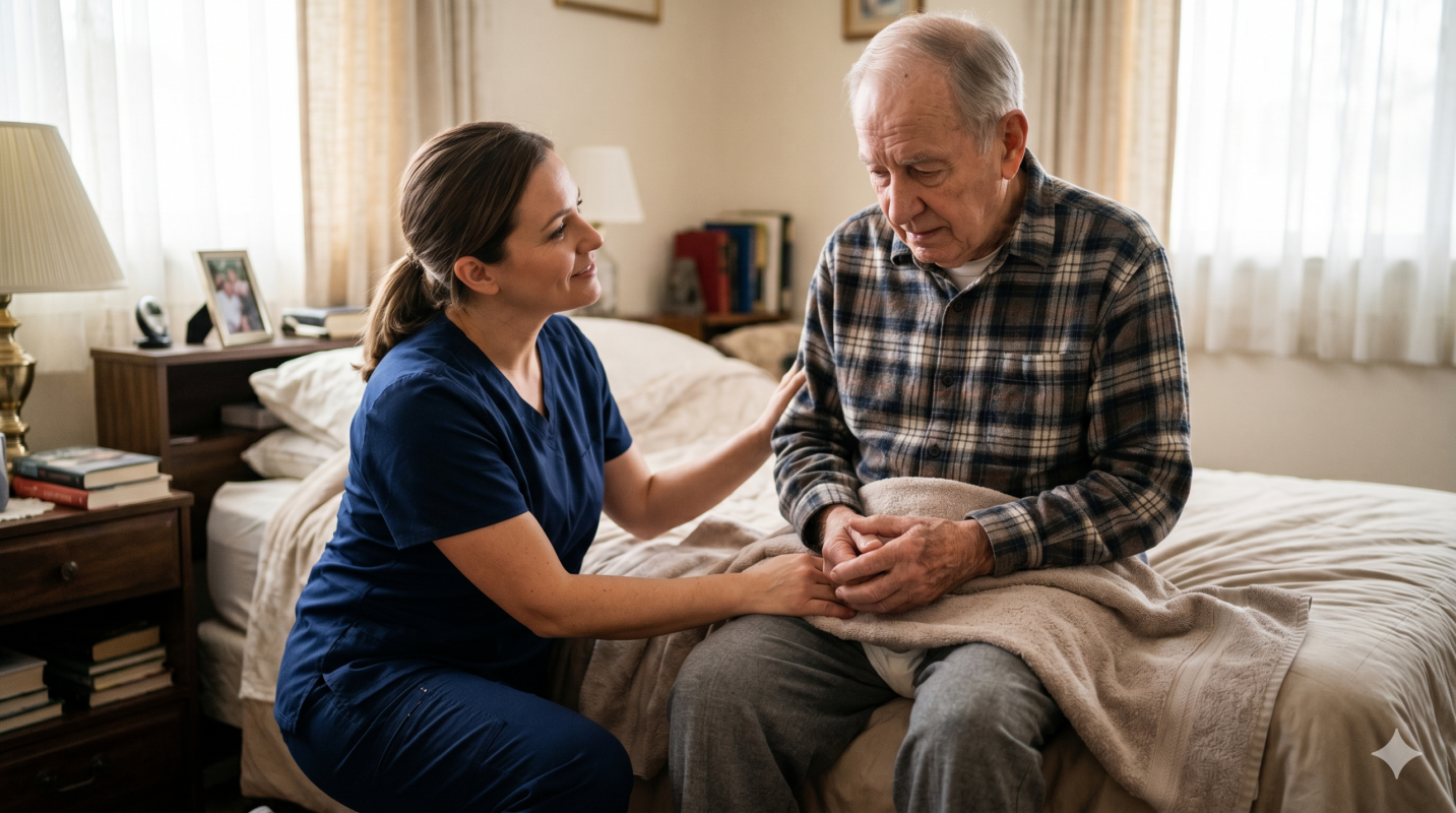 female nurse taking care of an elderly man with incontinence issues