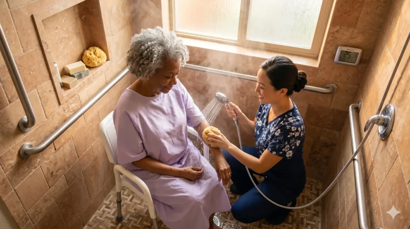 nurse taking care of a black woman in NYC, bathing assistance