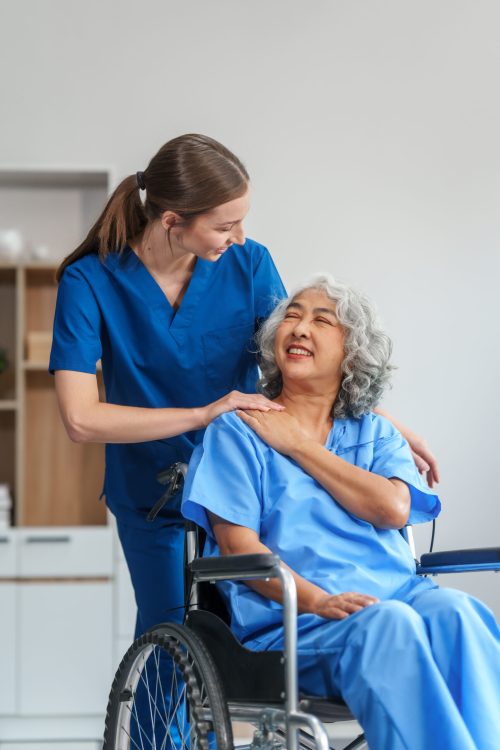 Nurse helping adult woman in hospital offer help and comfort create a welcoming atmosphere